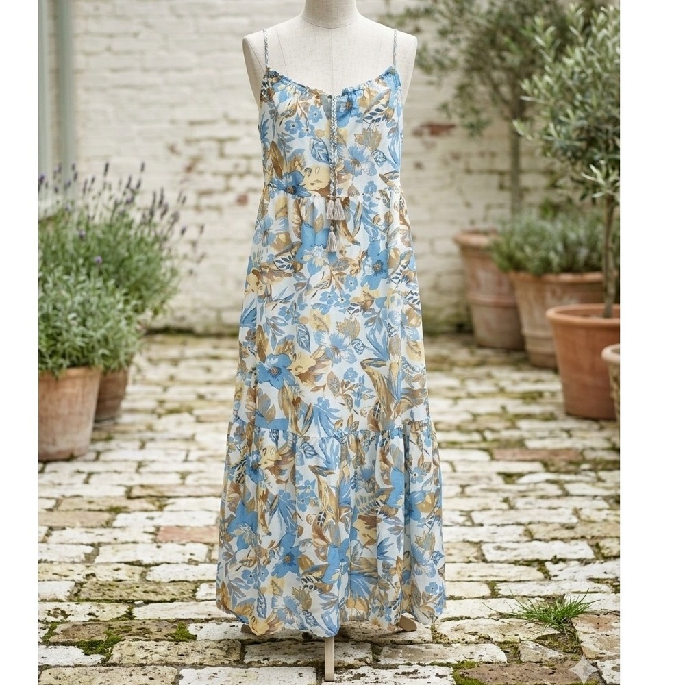 Faherty Maxi Dress Blue Floral Cotton Silk Tiered Wedding Guest Boho Beach M